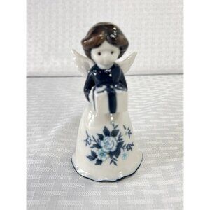 Blue and White Vintage Angel‎ Holding A Gift Box Figurine / Bell